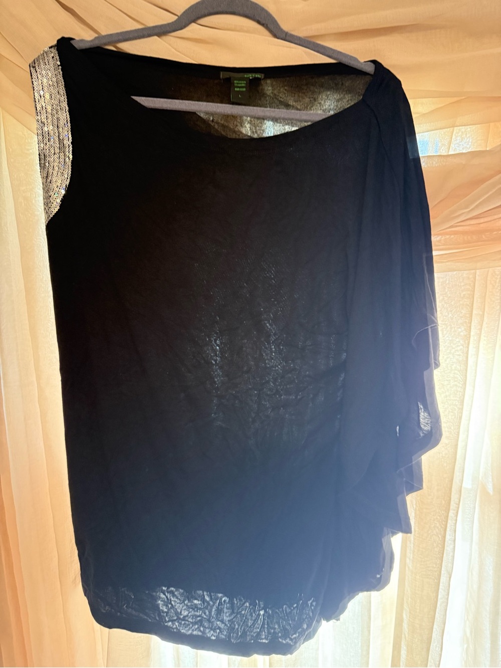 Women's Black One-Shoulder Draped Tunic with Sequin Accent